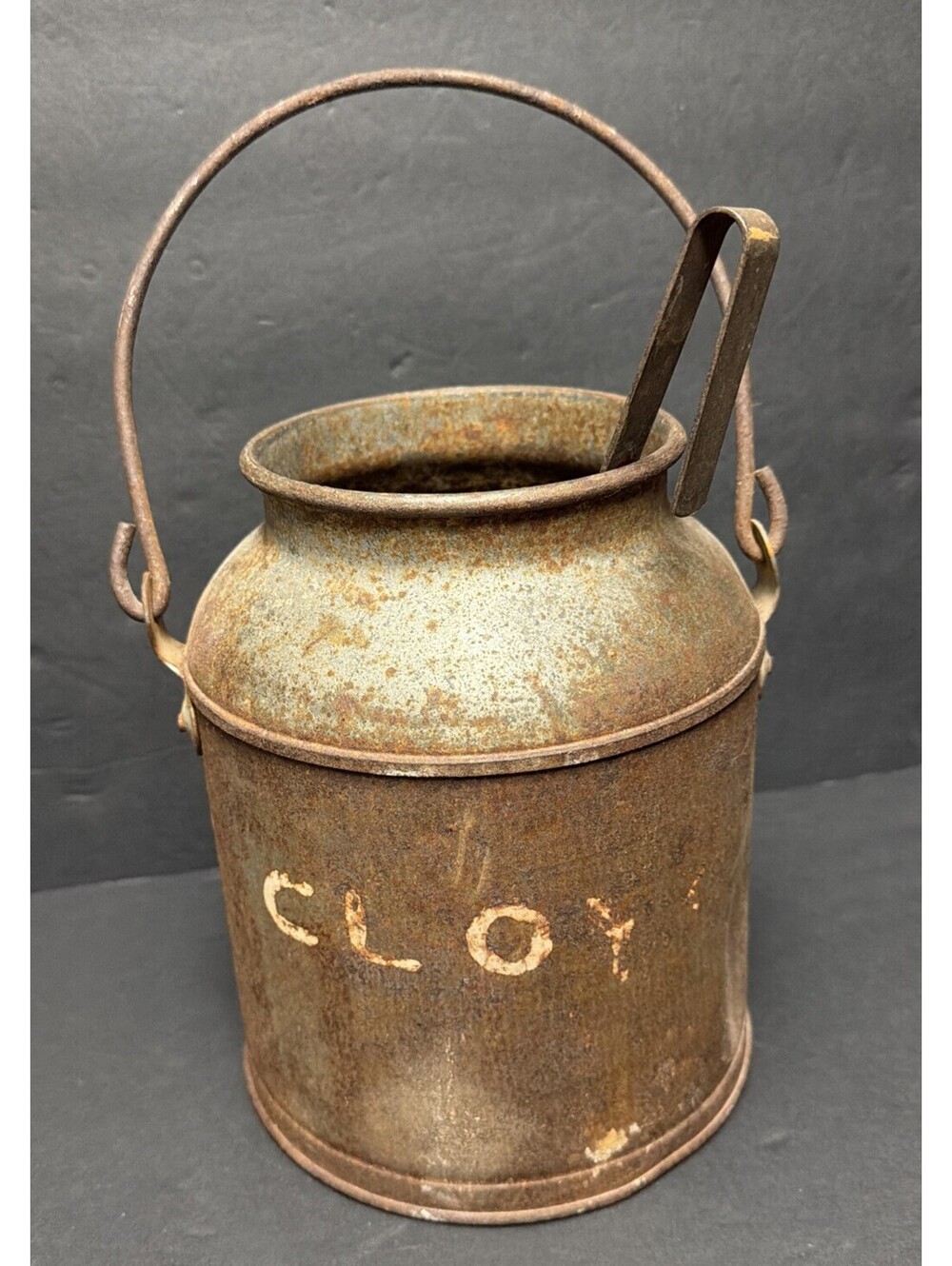 Antique Rusty Primitive Metal Milk Dairy Can Pail W/ Handle & Pouring Ladle Farm